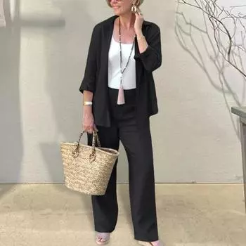 2 шт./компл. женский комплект свободной длины с длинными лацканами, однобортная рубашка средней длины, брюки, блузка с рукавами, высокая эластичная талия XL темно-серого
