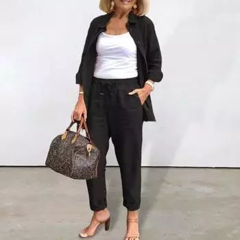 2 шт./компл. женский комплект свободной длины с длинными лацканами, однобортная рубашка средней длины, брюки, блузка с рукавами, высокая эластичная талия M темно-серого