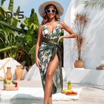 2 шт./компл. Женский комплект юбки-монокини с цветочным принтом Глубокий V-образный вырез Узкая талия Высокая талия Мягкая быстросохнущая юбка на шнуровке Купальник Комплект Пляжная одежда Водные виды спорта M чёрный