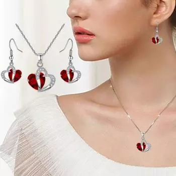 2 шт./компл. женский комплект ювелирных изделий на день Святого Валентина, блестящие серьги в форме сердца из искусственного кристалла, ожерелье, набор сережек-крючков красный
