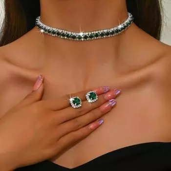 2 шт./компл. женский комплект ювелирных изделий, блестящие стразы, инкрустированные, регулируемая длина, ожерелье, серьги-гвоздики, набор свадебных аксессуаров зелёный