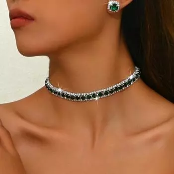 2 шт./компл. женский комплект ювелирных изделий, блестящие стразы, инкрустированные, регулируемая длина, ожерелье, серьги-гвоздики зелёный