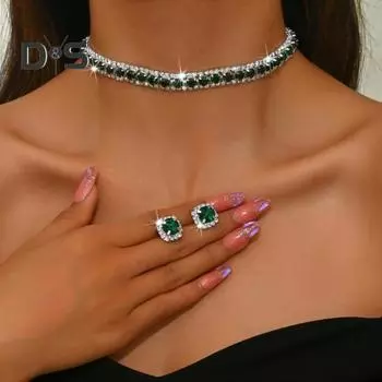 2 шт./компл. женский комплект ювелирных изделий, блестящие стразы, инкрустированные, регулируемая длина, ожерелье, серьги-гвоздики, набор свадебных аксессуаров зелёный