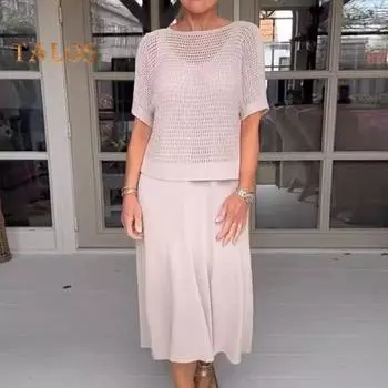 2 шт./компл., женский комплект верхнего платья, ажурный вязаный топ с круглым вырезом и короткими рукавами, V-образный вырез, трапециевидный сарафан без рукавов, женское платье-миди, комплект прикрытия M серый