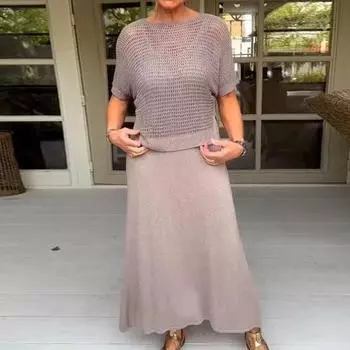 2 шт./компл., женский комплект верхнего платья, ажурный вязаный топ с круглым вырезом и короткими рукавами, V-образный вырез, трапециевидный сарафан без рукавов, женское платье-миди, комплект прикрытия M серый