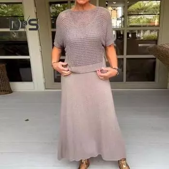 2 шт./компл., женский комплект верхнего платья, ажурный вязаный топ с круглым вырезом и короткими рукавами, V-образный вырез, трапециевидный сарафан без рукавов, женское платье-миди, комплект прикрытия M серый