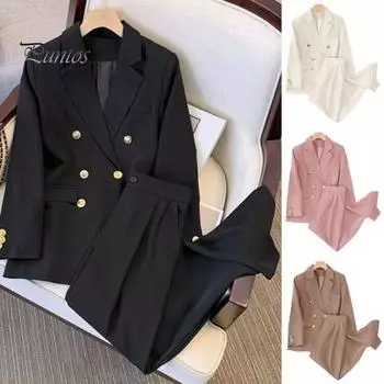 2 шт./компл. женский костюм, пальто, брюки, комплект с отложным воротником, двубортный кардиган с застежкой, куртка с длинными рукавами, прямые брюки с высокой талией, женские формальные брюки M хаки