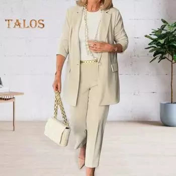 2 шт./компл. женский костюм, пальто, брюки, комплект с одной пуговицей и лацканами с длинными рукавами, однотонный цвет, прямые брюки с высокой талией, OL, деловой костюм в деловом формальном стиле M бежевый