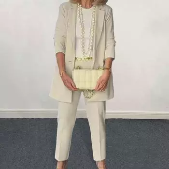 2 шт./компл. женский костюм, пальто, брюки, комплект с одной пуговицей и лацканами с длинными рукавами, однотонный цвет, прямые брюки с высокой талией, OL, деловой костюм в деловом формальном стиле M бежевый
