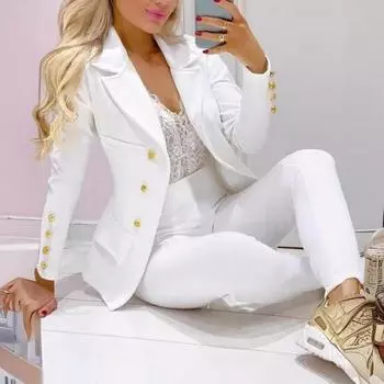 2 шт./компл. женский костюм, пальто, брюки, комплект, декор на пуговицах с лацканами, кардиган средней длины, куртка с длинными рукавами, прямые брюки с высокой талией, женский формальный коммутирующий наряд L чёрный