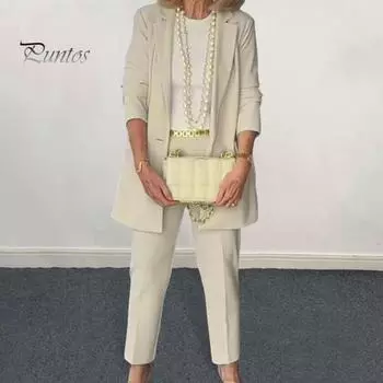 2 шт./компл. женский костюм, пальто, брюки, комплект с одной пуговицей и лацканами с длинными рукавами, однотонный цвет, прямые брюки с высокой талией, OL, деловой костюм в деловом формальном стиле M бежевый