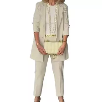 2 шт./компл. женский костюм, пальто, брюки, комплект с одной пуговицей и лацканами с длинными рукавами, однотонный цвет, прямые брюки с высокой талией, OL, деловой костюм в деловом формальном стиле M бежевый