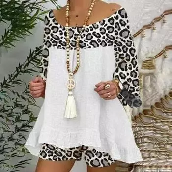 2 шт./компл., женский костюм с круглым вырезом и рукавами 3/4, с рюшами на подоле, винтажный леопардовый лоскутный топ, шорты, комплект для выхода на улицу 3XL