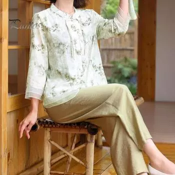 2 шт./компл. женский костюм в стиле ретро в китайском стиле плюс размер воротник-стойка с цветочным принтом и половиной рукава в стиле пэчворк, сетчатый топ с эластичной резинкой на талии и широкие брюки, комплект 4XL хаки