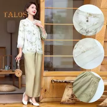 2 шт./компл. женский костюм в стиле ретро в китайском стиле плюс размер воротник-стойка с цветочным принтом и половиной рукава в стиле пэчворк, сетчатый топ с эластичной резинкой на талии и широкие брюки, комплект 4XL хаки