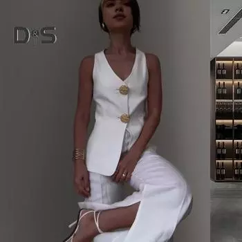 2 шт./компл. женский костюм, жилет и брюки, комплект с V-образным вырезом, жилет без рукавов с двойной застежкой на пуговицы, однотонные брюки с высокой талией, OL, деловой деловой костюм XL чёрный