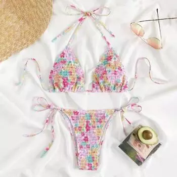 2 шт./компл. женский красочный принт с тремя точками на шнуровке с бретелькой на шее плиссированный беспроводной мягкий откровенный комплект бикини купальный костюм S синий