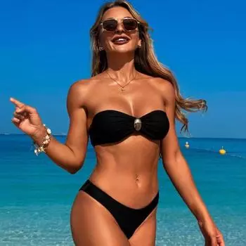 2 шт./компл. женский купальник бандо бюстгальтер без косточек плавки с высокой талией S хаки