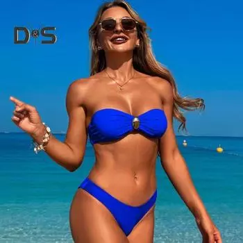 2 шт./компл. женский купальник бандо с подкладкой без косточек бюстгальтер с высокой талией плавки комплект однотонный раздельный дизайн пляжная одежда S хаки