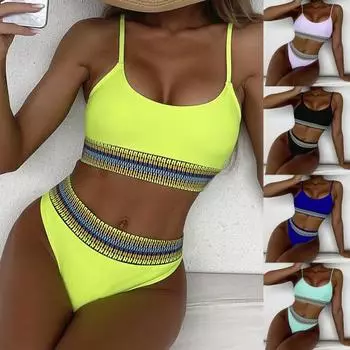 2 шт./компл. женский купальник на тонких бретельках яркий цвет с круглым вырезом горячий купальный костюм S чёрный