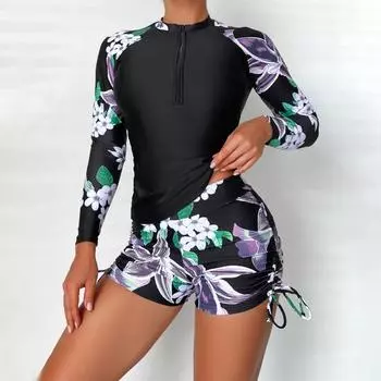 2 шт./компл. женский купальник, пляжный топ, шорты, комплект с круглым вырезом, застежка-молния, консервативный, обтягивающий, быстросохнущий, мягкий, с цветочным принтом XL