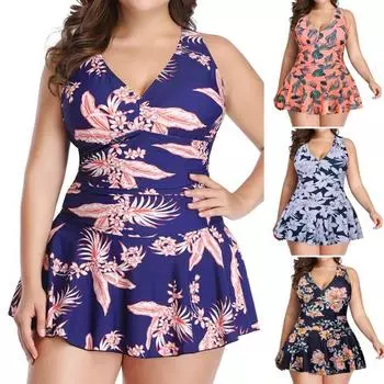 2 шт./компл. женский купальник с красочным цветочным принтом плюс размер, свободный подол, монокини XL чёрный