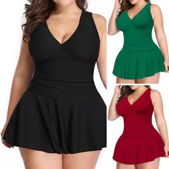 2 шт./компл. женский купальник сплошной цвет плюс размер с V-образным вырезом мягкое платье для плавания XL чёрный