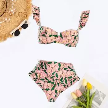 2 шт./компл. женский летний комплект бикини в богемном стиле, бюстгальтер-бандо с рюшами и рукавами, трусы для плавания с высокой талией, быстросохнущий купальный костюм, купальник L темно-синий