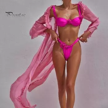 2 шт./компл., женский летний комплект бикини, бандо, слинг, цветочный декор, бюстгальтер, трусы с высокой талией, комплект, купальный костюм с эффектом пуш-ап, разделенный дизайн, купальник S чёрный