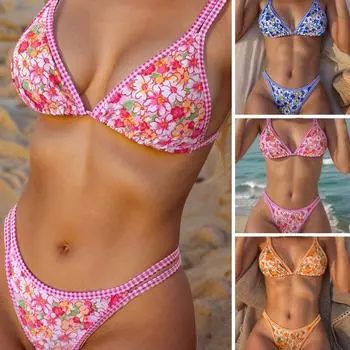 2 шт./компл. женский летний комплект бикини с v-образным вырезом на бретельках, мягкий беспроводной бюстгальтер с высокой талией, трусы с цветочным принтом S оранжевый