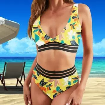2 шт./компл. женский летний комплект бикини с v-образным вырезом, мягкий бюстгальтер с высокой талией, плавки, комплект с принтом листьев, быстросохнущий купальный костюм, пляжная одежда