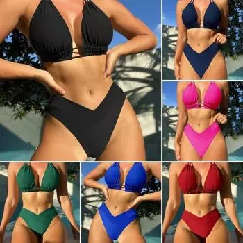 2 шт./компл., женский летний комплект бикини, бюстгальтер на шнуровке с лямкой на шее, трусы для плавания с высокой талией, комплект однотонных быстросохнущих купальных костюмов, купальный костюм M синий