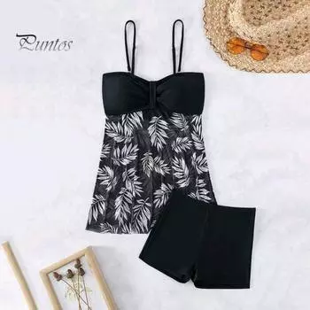 2 шт./компл. женский летний купальник комплект регулируемых бретелей с принтом сетчатый подол бандо топы с высокой талией шорты для плавания комплект XL синий