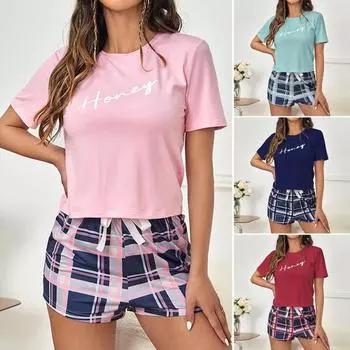 2 шт./компл. женский летний пижамный комплект с круглым вырезом и буквенным принтом, футболка с короткими рукавами, эластичная талия на шнурке, клетчатый узор, домашняя одежда, комплект из двух предметов S красный