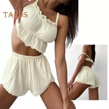 2 шт./компл., женский летний пижамный комплект, без рукавов, на тонких бретельках, кружевной плиссированный жилет, шорты с эластичной резинкой на талии, комплект одежды для сна на каждый день S абрикосовый