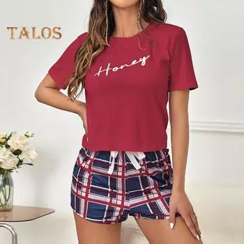 2 шт./компл., женский летний пижамный комплект с круглым вырезом и буквенным принтом, футболка с короткими рукавами и эластичной резинкой на талии, клетчатый узор, домашняя одежда, комплект из двух предметов, одежда для сна S розовый