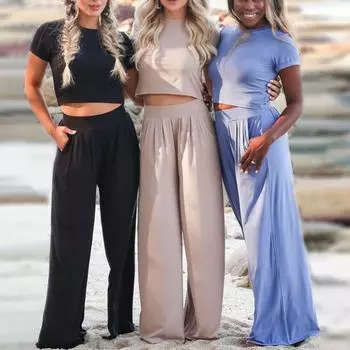 2 шт./компл., женский летний спортивный костюм, футболка, брюки, комплект с круглым вырезом, эластичные широкие брюки с высокой талией, мягкие дышащие женские укороченные брюки M хаки