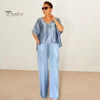 2 шт./компл. женский летний топ и брюки, комплект с V-образным вырезом и короткими рукавами, свободная футболка с высокой эластичной резинкой на талии, сплошной цвет, широкие брюки, спортивная одежда, повседневная повседневная одежда S светло-серый