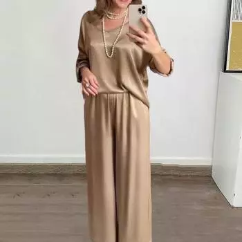 2 шт./компл. женский летний топ и брюки, комплект с V-образным вырезом и короткими рукавами, свободная футболка с высокой эластичной резинкой на талии, сплошной цвет, широкие брюки, спортивная одежда, повседневная повседневная одежда S золотистый