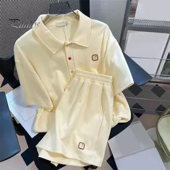 2 шт./компл., женский летний топ, шорты, комплект с отложным воротником на пуговицах, футболка с короткими рукавами в консервативном стиле, эластичная талия, свободные боковые карманы, короткие брюки, спортивные штаны 2XL абрикосовый