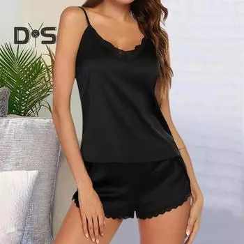2 шт./компл., женский летний жилет с открытой спиной на бретельках, топы с эластичным поясом, широкие шорты с кружевной отделкой, гладкая атласная одежда для сна, домашняя одежда L зелёный