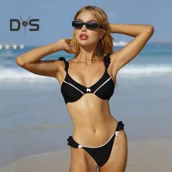 2 шт./компл. женский милый комплект бикини с v-образным вырезом и рюшами, бюстгальтер с низкой посадкой, комплект трусов в стиле пэчворк, цветной быстросохнущий купальник S чёрный