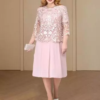 2 шт./компл., женский наряд больших размеров для вечеринки, с круглым вырезом и коротким рукавом, свободное платье миди с подолом, ажурная вышивка, кружевной комплект с шалью с цветочным принтом 2XL розовый