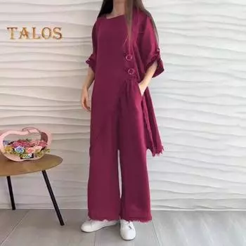 2 шт./компл. Женский наряд средней длины с разрезом подол, круглый вырез с половиной рукавом, топ с рваными краями, широкие брюки, однотонные брюки, женская повседневная уличная одежда L кофейный