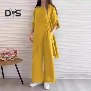 2 шт./компл. Женский наряд средней длины с разрезом подол, круглый вырез с половиной рукавом, топ с рваными краями, широкие брюки, однотонные брюки, женская повседневная уличная одежда L кофейный