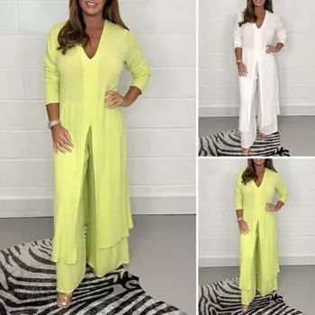 2 шт./компл. женский однотонный костюм с v-образным вырезом, топ с разрезом подол, цветные свободные длинные рукава M жёлтый