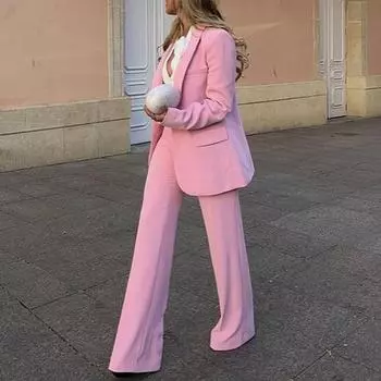 2 шт./компл. женский офисный наряд с лацканами, длинный рукав, одна пуговица, пиджак, высокая талия, длинные брюки, комплект деловой рабочей одежды M розовый