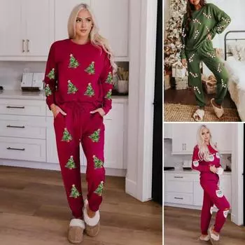 2 шт./компл. женский осенне-зимний комплект Рождественская елка Снеговик Санта-принт с блестками и круглым вырезом с длинным рукавом L вино красного
