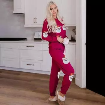 2 шт./компл. женский осенне-зимний комплект Рождественская елка Снеговик Санта-принт с блестками и круглым вырезом длинный L зелёный