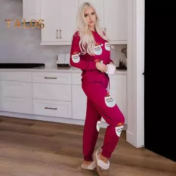 2 шт./компл. женский осенне-зимний комплект Рождественская елка Снеговик Санта-принт с блестками и круглым вырезом с длинным рукавом Топ с эластичной резинкой на талии Брюки Набор Новогодняя праздничная вечеринка L зелёный